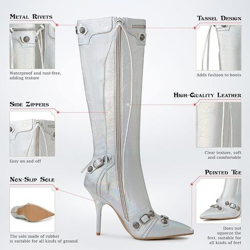 Lyrisiphy Knee High Boots for Women Pointed Toe Stiletto Heels Side Zipper Rivets Tassels Boots Fashion Dress Party Boots Mid Calf Boots in Kuwait
