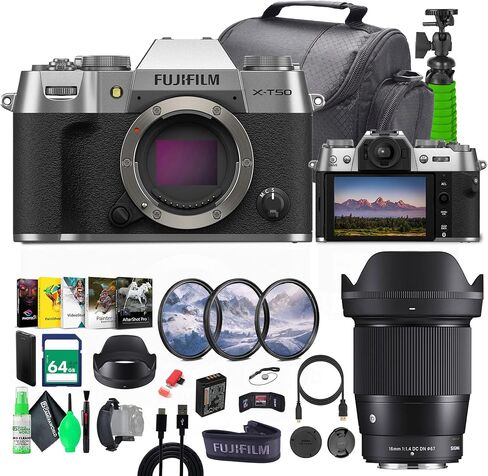 مجموعة كاميرا Fujifilm X-T50 الرقمية بدون مرآة مع عدسة سيجما 16 مم f/1.4 DC DN المعاصرة لفيلم Fuji-Film + بطاقة ذاكرة 64 جيجابايت + حقيبة كامارا + حامل ثلاثي القوائم لمدونات الفيديو + المزيد من الملحقات - فضي in Kuwait