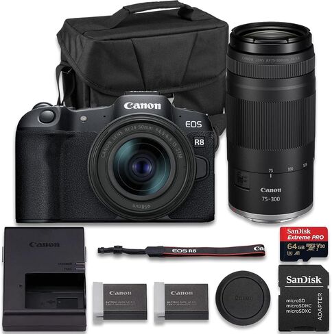 كاميرا Canon EOS R8 بدون مرآة مع بطارية ليثيوم أيون إضافية LP-E17 + SanDisk Extreme Pro سعة 64 جيجابايت وحقيبة حمل الكاميرا (حزمة مكونة من 11 قطعة) in Kuwait