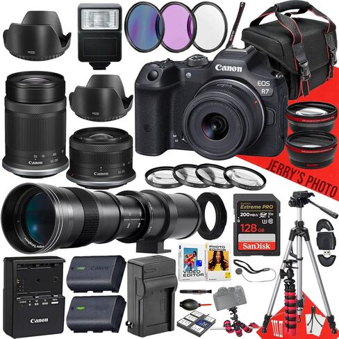 كاميرا Canon EOS R7 بدون مرآة مع RF-S 18-45 مم f/4.5-6.3 IS STM، وRF-S 55-210 مم f/5-7.1 IS STM وعدسة تكبير تليفوتوغرافي عالية الدقة 420-800 مم f/8.3 + ذاكرة 128 جيجابايت + مرشحات + المزيد (حزمة 38 قطعة) (متجددة) in Kuwait