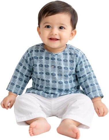 طقم ملابس The Root & Craft Baby مكون من قطعتين، قميص كورتا بأكمام طويلة وطبعة زهور مع بنطال أبيض (3-6 أشهر) in Kuwait