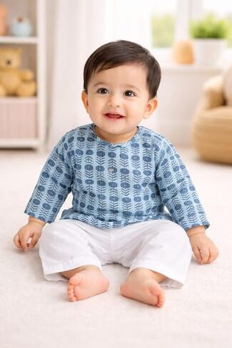 طقم ملابس The Root & Craft Baby مكون من قطعتين، قميص كورتا بأكمام طويلة وطبعة زهور مع بنطال أبيض (3-6 أشهر) in Kuwait