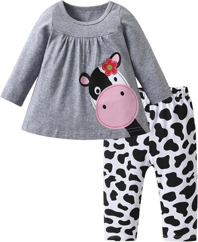 Infant Baby Girl Clothes Toddler Cow Print Long Sleeve Pullover Top Pant Fall Winter Outfits Set in Saudi Arabia