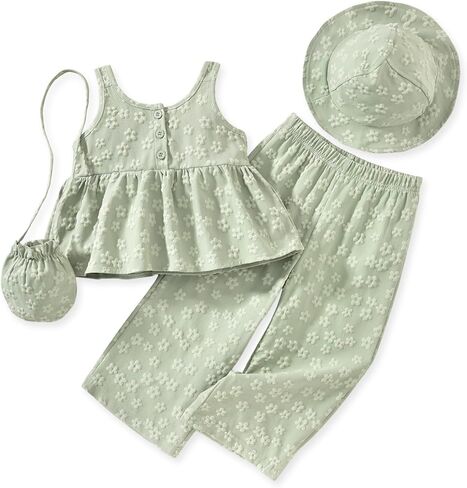 HINTINA 3T Toddler Girl Clothes Preschool Ditsy Floral Sleeveless Camisole Elastic Waist Pants Set Summer Outfits, 3-4 Years, Green in Kuwait
