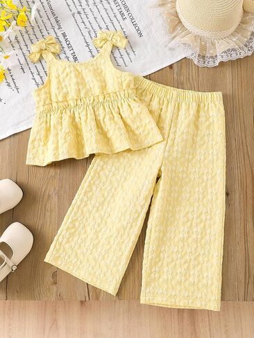 2 Piece Toddler Girl Clothes Set Bow Tie Sleeveless Ruffle Top Wide Leg Pants Cute Clothing Set Summer Outfit in Kuwait