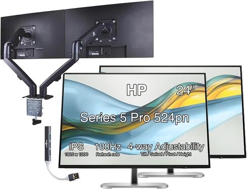 شاشة HP Series 5 Pro 524pn مقاس 24 بوصة 100 هرتز 300 شمعة في المتر المربع WUXGA IPS، مضادة للتوهج، خالية من الوميض، حامل VESA (100 مم)، إمالة قابلة للتعديل، دوران، محوري وموسع منفذ USB Dockztorm، أسود/فضي (9D9A7AA#ABA) in Kuwait