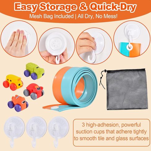 5 Ft Race Car Bath Toy Set, Toddler Bath Toys, Race car Set for Kids Ages 3+, Bathtub Time Birthday Gift for Boys & Girls, Including Mesh Storage Bag and 3 Suction Cup (Orange) in Saudi Arabia
