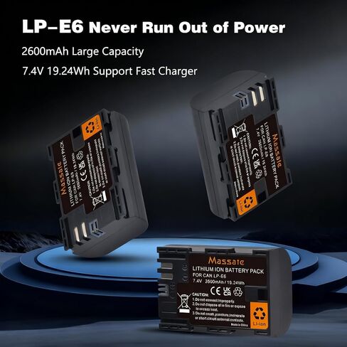 3 عبوات بطاريات LP-E6 بقدرة 2600 مللي أمبير في الساعة وشاحن سريع LED PD20W - طاقة كاملة 2.5 ساعة، بطارية LP-E6 لكاميرات Canon EOS 5D Mark II/III/IV، 5DS/R، 6D/6D II، 7D/7D II، 60D 70D 80D 90D، R، R5 & R6 DSLR in Kuwait
