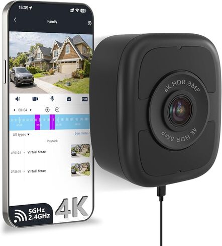 HIEASY 8MP 4K Window Security Camera, 2.4/5GHz Dual-Band WiFi Glass-Mount Camera, Anti-Reflection Night Vision, AI Human Detection, 24/7 Continuous Recording, 32GB SD Card Included, Black (4K-Black) in Kuwait