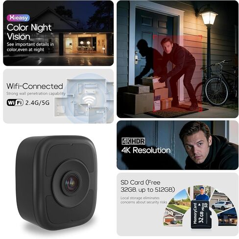 HIEASY 8MP 4K Window Security Camera, 2.4/5GHz Dual-Band WiFi Glass-Mount Camera, Anti-Reflection Night Vision, AI Human Detection, 24/7 Continuous Recording, 32GB SD Card Included, Black (4K-Black) in Saudi Arabia