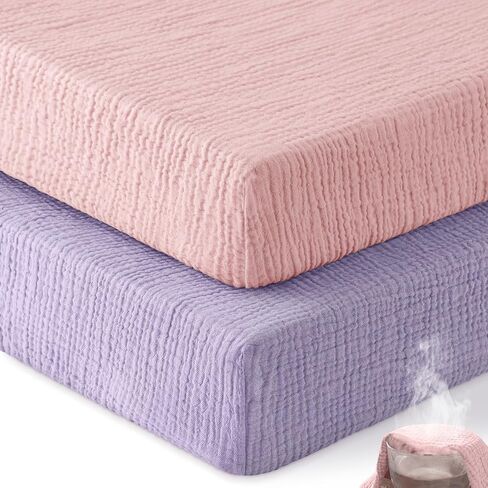 Unnivoll Muslin Crib Sheets for Boys Girls, 100% Cotton Fitted Crib Sheet 2 Pack for Standard Crib and Toddler Mattress, Breathable Soft Baby Sheet 28x52x8in Gradient Pink in Saudi Arabia