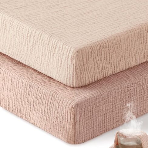 Unnivoll Muslin Crib Sheets for Boys Girls, 100% Cotton Fitted Crib Sheet 2 Pack for Standard Crib and Toddler Mattress, Breathable Soft Baby Sheet 28x52x8in Gradient Pink in Saudi Arabia