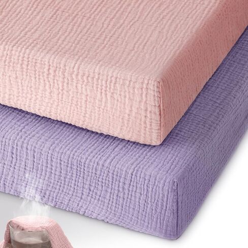 Unnivoll Muslin Crib Sheets for Boys Girls, 100% Cotton Fitted Crib Sheet 2 Pack for Standard Crib and Toddler Mattress, Breathable Soft Baby Sheet 28x52x8in Gradient Pink in Saudi Arabia
