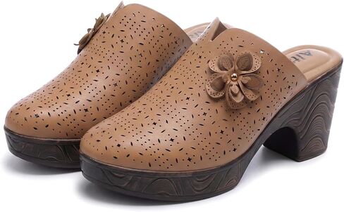 Altxic Women's Hollow Out Flower Upper Low Block Chunky Heels Comfy Slip On Wood Grain Open Back Mule Clogs in Saudi Arabia
