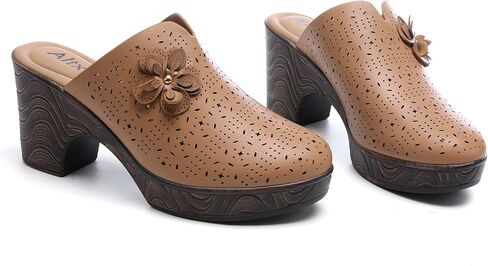 Altxic Women's Hollow Out Flower Upper Low Block Chunky Heels Comfy Slip On Wood Grain Open Back Mule Clogs in Saudi Arabia