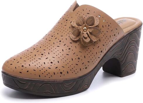 Altxic Women's Hollow Out Flower Upper Low Block Chunky Heels Comfy Slip On Wood Grain Open Back Mule Clogs in Saudi Arabia