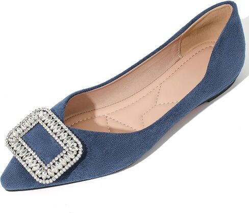 Women's Pointed Toe Rhinestone Ballet Flats, Nude Faux Suede Comfortable Slip On Dress Shoes for Wedding Office in Kuwait