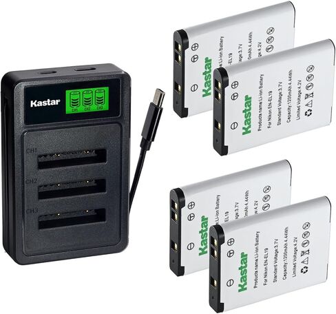 بطارية Kastar عبوتان مع شاحن LZD3 USB ثلاثي متوافق مع Nikon EN-EL19 Sony NP-BJ1، Nikon Coolpix S33 S32 A300 A100 W150 W100 S7000 S6900 S6800 S6700 S6600 S6500، Sony DSC-RX0 in Kuwait