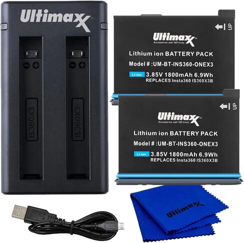بطارية Ultimaxx بديلة Insta360 ONE X3 بقدرة 1800 مللي أمبير (عبوتين) وحزمة شاحن USB مزدوج متوافقة مع كاميرا Insta360 ONE X3 Action in Kuwait
