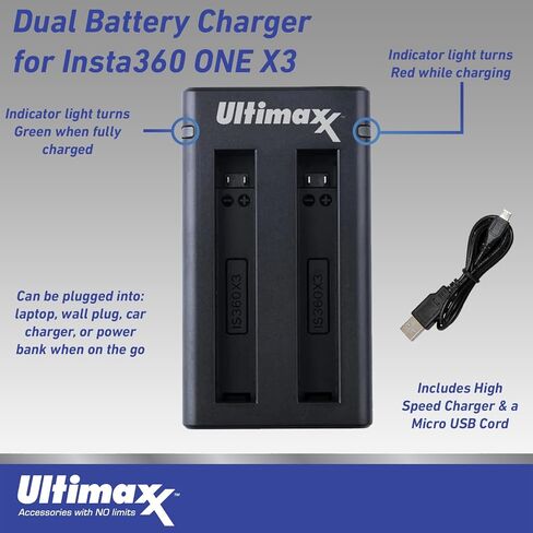 بطارية Ultimaxx بديلة Insta360 ONE X3 بقدرة 1800 مللي أمبير (عبوتين) وحزمة شاحن USB مزدوج متوافقة مع كاميرا Insta360 ONE X3 Action in Kuwait