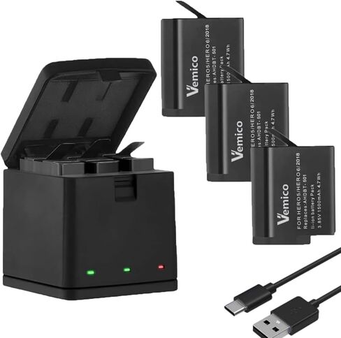 شاحن بطارية Vemico لجهاز GoPro Hero 7/6/5/2018 أسود 3 عبوات بديلة 1500 مللي أمبير في الساعة وحقيبة شحن ثلاثية مع شحن LED من النوع C لـ Go Pro Hero 7 6 5 متوافق تمامًا مع الكاميرا الأصلية in Kuwait