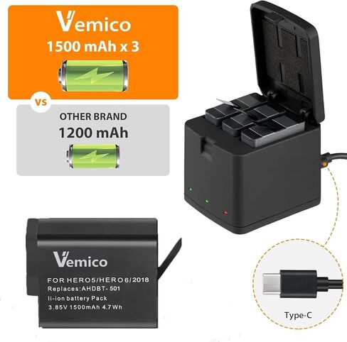 شاحن بطارية Vemico لجهاز GoPro Hero 7/6/5/2018 أسود 3 عبوات بديلة 1500 مللي أمبير في الساعة وحقيبة شحن ثلاثية مع شحن LED من النوع C لـ Go Pro Hero 7 6 5 متوافق تمامًا مع الكاميرا الأصلية in Kuwait