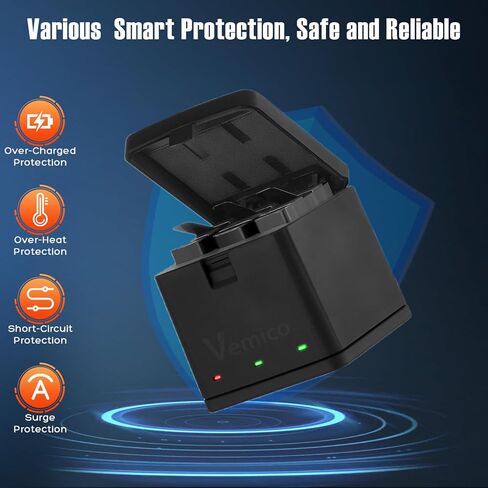 شاحن بطارية Vemico لجهاز GoPro Hero 7/6/5/2018 أسود 3 عبوات بديلة 1500 مللي أمبير في الساعة وحقيبة شحن ثلاثية مع شحن LED من النوع C لـ Go Pro Hero 7 6 5 متوافق تمامًا مع الكاميرا الأصلية in Kuwait