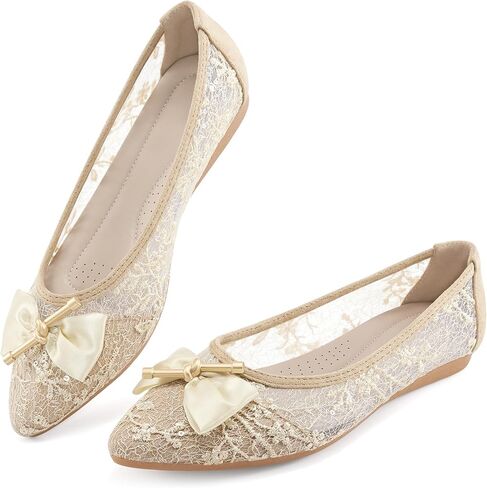 Flats for Women Dress Shoes: Comfortable Pointed Toe Bowknot Lace Ballet Flats Dressy - Fashion Floral Slip On Casual Shoes for Wedding Party Dating in Kuwait