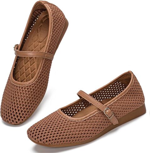Buyrew Women's Mary Jane Flats حذاء باليه شبكي قابل للتنفس بمقدمة مربعة مع دعم قوس قابل للغسل وغير قابل للانزلاق حذاء كاجوال للعمل والمكتب in Kuwait