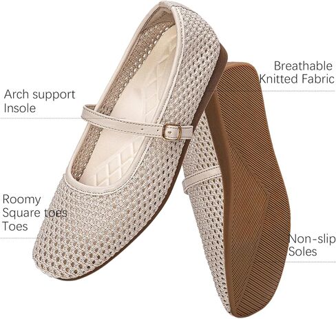 Buyrew Women's Mary Jane Flats Breathable Mesh Square Toe Ballet Flats with Arch Support Washable Non Slip Casual Dress Shoes for Work Office in Kuwait