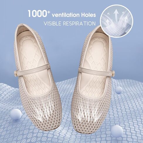 Buyrew Women's Mary Jane Flats Breathable Mesh Square Toe Ballet Flats with Arch Support Washable Non Slip Casual Dress Shoes for Work Office in Kuwait