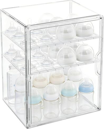 Baby Bottle Organizer, 3 Tiers Adjustable Clear Acrylic Storage Station Case Box Container for Bottles, Pacifiers, Pump Parts, Bottle Organizer Baby for Countertop and Cabinet (M) in Saudi Arabia