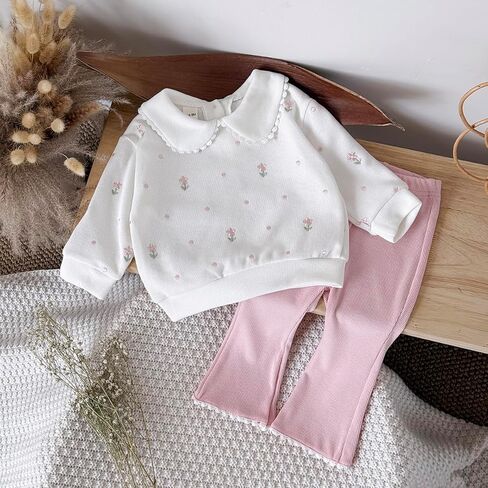 Baby Girl Clothes Outfit Polo Flower Embroidered Sweatshirt Pink Pants Set Toddler Bell-Bottoms Outfits (6M–3T) in Saudi Arabia