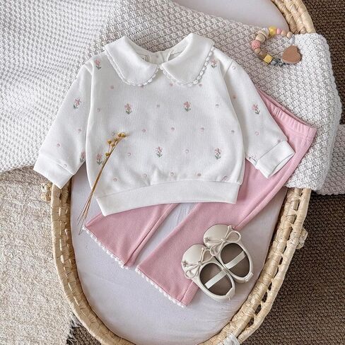 Baby Girl Clothes Outfit Polo Flower Embroidered Sweatshirt Pink Pants Set Toddler Bell-Bottoms Outfits (6M–3T) in Saudi Arabia