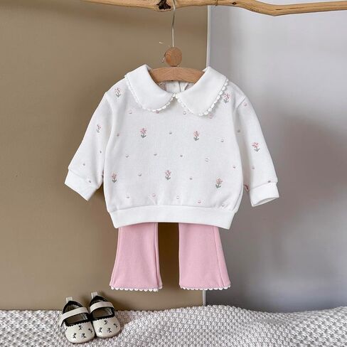 Baby Girl Clothes Outfit Polo Flower Embroidered Sweatshirt Pink Pants Set Toddler Bell-Bottoms Outfits (6M–3T) in Saudi Arabia