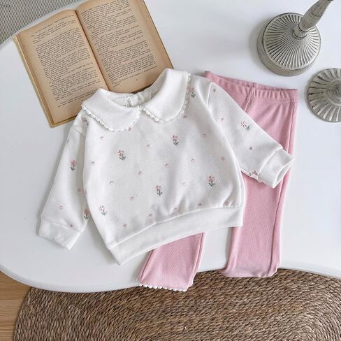 Baby Girl Clothes Outfit Polo Flower Embroidered Sweatshirt Pink Pants Set Toddler Bell-Bottoms Outfits (6M–3T) in Saudi Arabia