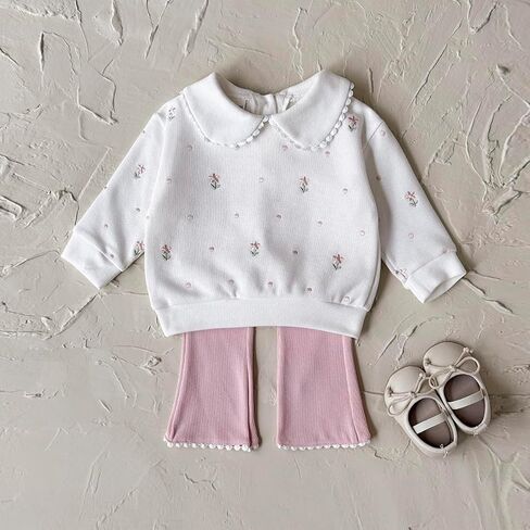 Baby Girl Clothes Outfit Polo Flower Embroidered Sweatshirt Pink Pants Set Toddler Bell-Bottoms Outfits (6M–3T) in Saudi Arabia
