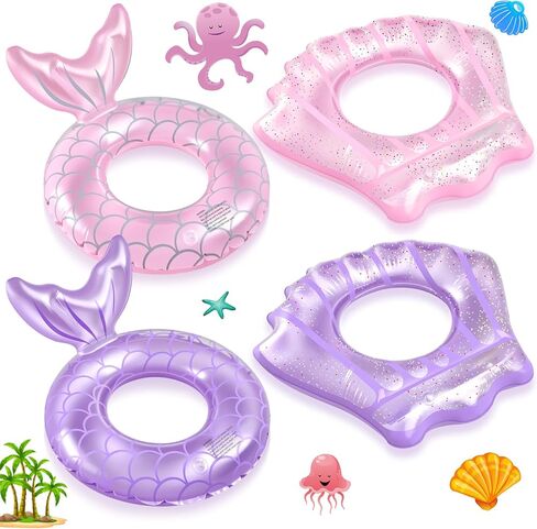 Juexica 4 Pack Mermaid Pool Rings Shell Swimming Float Tube قابلة للتنفيذ بريق حلقة البليار in Saudi Arabia
