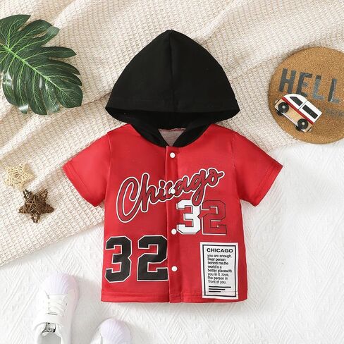 Baby Boys Short Sleeve Shirt Hooded Red Chicago Themed for Casual Everyday Wear in Kuwait
