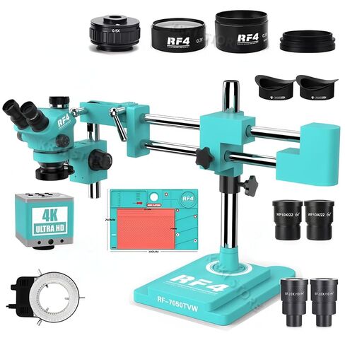 3.5X-100X Simul-Focus Double Boom Stand ثلاثي العينيات مجهر تكبير ستيريو 48MP 55MP 2K 4K HDMI VGA كاميرا USB لإصلاح PCB (مجموعة RF-7050TVW-4K) in Kuwait