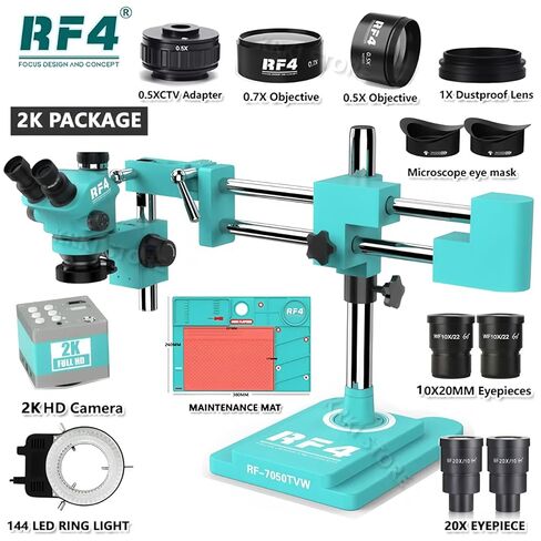 3.5X-100X Simul-Focus Double Boom Stand ثلاثي العينيات مجهر تكبير ستيريو 48MP 55MP 2K 4K HDMI VGA كاميرا USB لإصلاح PCB (مجموعة RF-7050TVW-4K) in Kuwait