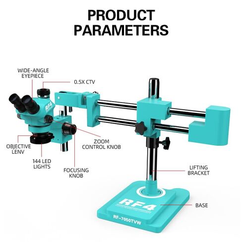 3.5X-100X Simul-Focus Double Boom Stand ثلاثي العينيات مجهر تكبير ستيريو 48MP 55MP 2K 4K HDMI VGA كاميرا USB لإصلاح PCB (مجموعة RF-7050TVW-4K) in Kuwait
