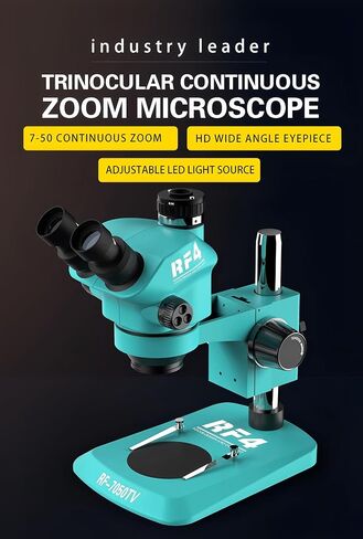 Trinocular Microscope Head 7-50X Simul Focal Continuous Zoom Stereo Microscope WF10X/22mm Eyepiece Phone PCB Soldering(RF-7-50X 0.5CTV) in Kuwait