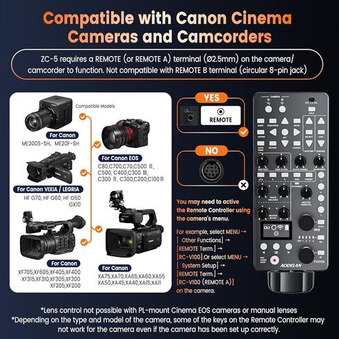 AODELAN متوافق مع وحدة تحكم كاميرا الفيديو Canon، جهاز تحكم عن بعد لاسلكي متعدد الوظائف بطول 650 قدم لـ HF G70، G60، G50، XA60، XA65، XA70، C80، C700 مع ضبط IRIS Focus Zoom ISO OSD ND، استبدل RC-V100 in Kuwait