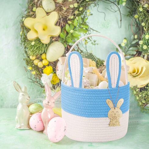 Poschnor Easter Basket for Kids, Easter Bunny Basket, Woven Cotton Rope Egg Easter Gift Baskets for Girls, Boys, Toddler, Babies, Blue in Saudi Arabia