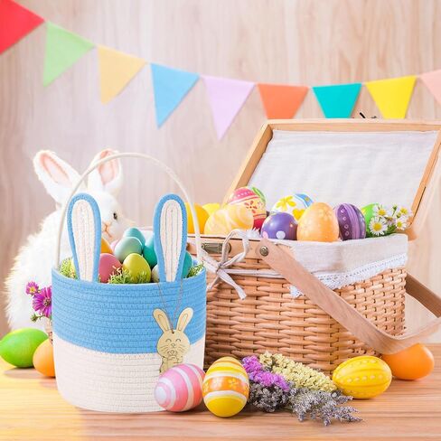 Poschnor Easter Basket for Kids, Easter Bunny Basket, Woven Cotton Rope Egg Easter Gift Baskets for Girls, Boys, Toddler, Babies, Blue in Saudi Arabia