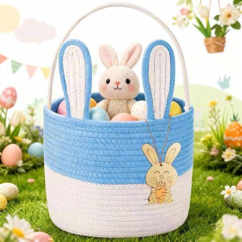 Poschnor Easter Basket for Kids, Easter Bunny Basket, Woven Cotton Rope Egg Easter Gift Baskets for Girls, Boys, Toddler, Babies, Blue in Saudi Arabia