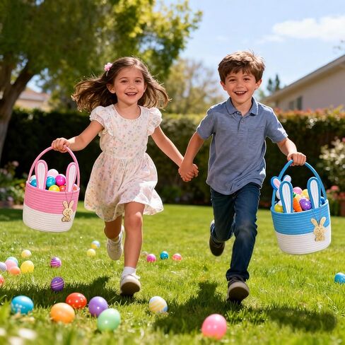 Poschnor Easter Basket for Kids, Easter Bunny Basket, Woven Cotton Rope Egg Easter Gift Baskets for Girls, Boys, Toddler, Babies, Blue in Saudi Arabia