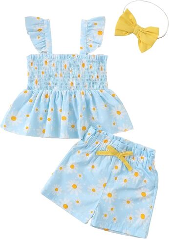 Mioglrie Toddler Baby Girl Summer Clothes Infant Spring Outfits Ruffle Sleeveless Shirt Baby Shorts Headband Clothing Set in Kuwait