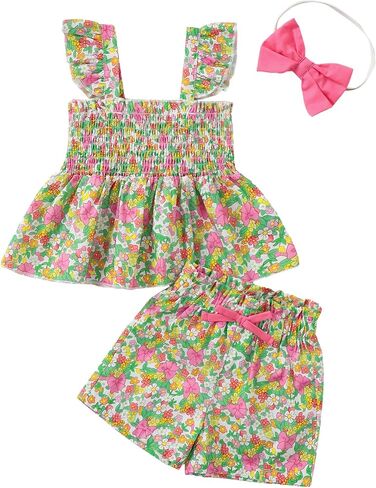 Mioglrie Toddler Baby Girl Summer Clothes Infant Spring Outfits Ruffle Sleeveless Shirt Baby Shorts Headband Clothing Set in Saudi Arabia